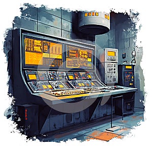 Futuristic Control Room Console with Multiple Screens