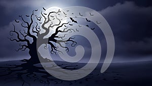 halloween night: spooky tree and bats in moonlight