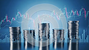 A stack of coins with a graph in the background representing financial growth and investment