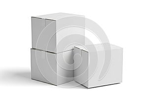 Stack of three white cardboard boxes isolated on white background