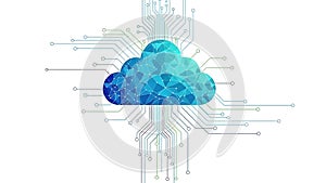 A vibrant cloud computing graphic with circuit board elements on a white background
