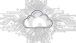 A cloud computing symbol surrounded by circuit board lines and dots on a white background