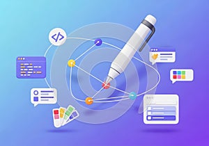 Creative coding and development with visual programming tools and digital design elements isolated on white background