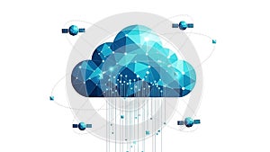 A futuristic illustration of a cloud computing network with satellites and data transfer