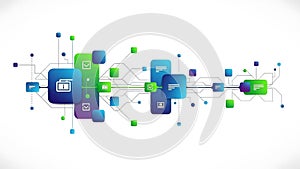 A vibrant infographic illustrating a complex network of interconnected digital elements and data flow