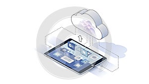 A tablet with a cloud computing concept and data transfer illustration