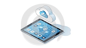 A tablet with a cloud computing concept and data transfer illustration