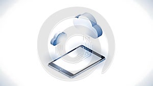 A tablet with cloud computing icons floating above it on a white background