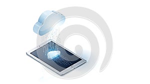 A tablet with a cloud raining down on it, symbolizing cloud computing and data transfer