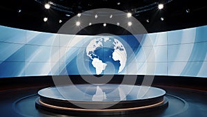 News studio backdrop with a globe.