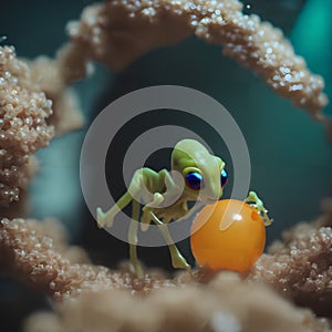 A small green alien with an orange egg.