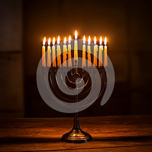 AI-Generated Image: Fully Lit Menorah on Dark Wood Surface photo