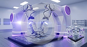 robotic arms precisely assembling microchips on a circuit board in a futuristic, automated manufacturing environment with a focus