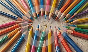 vibrant array colored pencils arranged in circular pattern on textured surface.