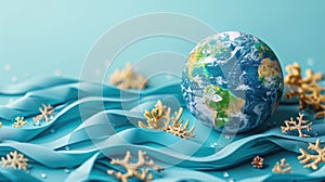 Global Health Day: Earth Ornament on Blue Background for Health Awareness Campaigns photo