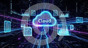 Glowing cloud computing concept with data flow