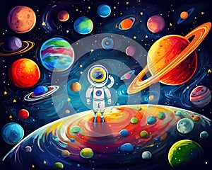 This image depicts a vibrant space adventure with planets and stars.