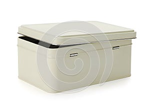A white, rectangular storage container with a hinged lid on a plain white background