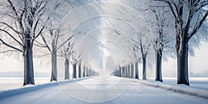 white trees in a winter day. Road, driveway, path, boulevard, byway, route, track, trail, street, row of trees. photo