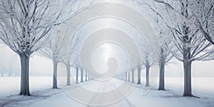 winter snowing rural. Road, driveway, path, boulevard, byway, route, track, trail, street, row of trees. photo