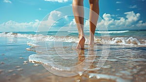 Beach Stroll: Woman Walking Barefoot on a Stunning Shoreline photo