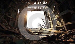 wreckage site. old abandoned wood hole. building ruins. transparent PNG. twisted metal, wood and wires.