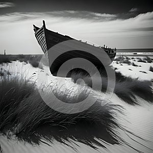 image of a deserted beach with an old boat, broken fence around the dunes and clusters of sea oats.