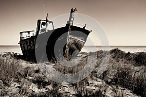 image of a deserted beach with an old boat, broken fence around the dunes and clusters of sea oats.