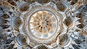 The image is a detailed picture of a ornate ceiling with intricate carvings photo