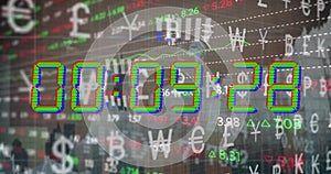 Image of diagrams, currency symbols and stock market with countdown over cityscape