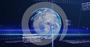 Image of diagrams and data processing over globe on blue background