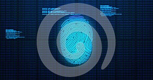 Image of digital biometric fingerprint computer interface icon and data processing on blue backg