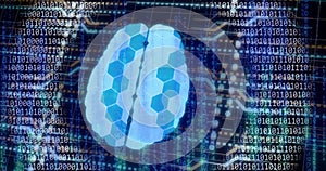 Image of digital brain with connections over binary coding