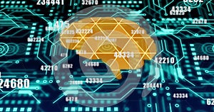 Image of digital brain with data processing over connections