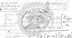 Image of digital brain and mathematical equations on white background
