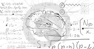 Image of digital brain and mathematical equations on white background