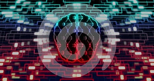 Image of digital brain over network of connections and shapes