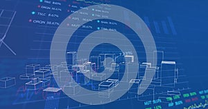 Image of digital city over data processing on blue background