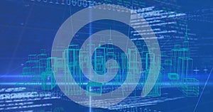 Image of digital city over data processing on blue background