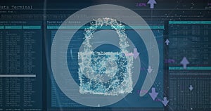 Image of digital cloud and network with arrows over data processing on digital screen