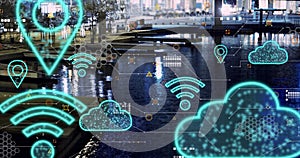 Image of digital clouds and icons flying over cityscape