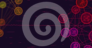 Image of digital computer icons interconnecting with lines and programming language data