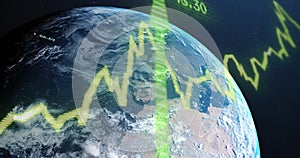 Image of digital data processing and arrows over globe on dark background