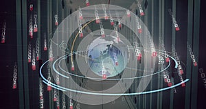 Image of digital data processing, binary coding and globe over computer servers