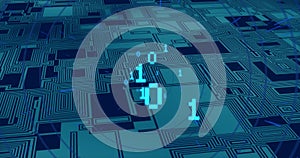 Image of digital data processing and binary coding over computer circuit board