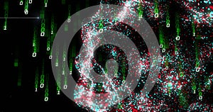 Image of digital data processing binary coding over floating mesh on black background