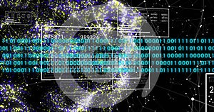 Image of digital data processing binary coding over floating mesh on black background