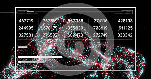 Image of digital data processing binary coding over floating mesh on black background