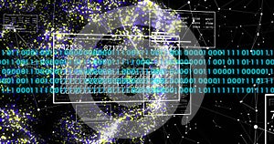 Image of digital data processing binary coding over floating mesh on black background