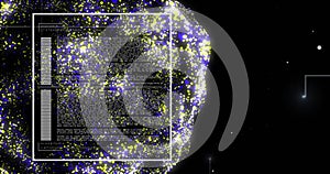 Image of digital data processing binary coding over floating mesh on black background